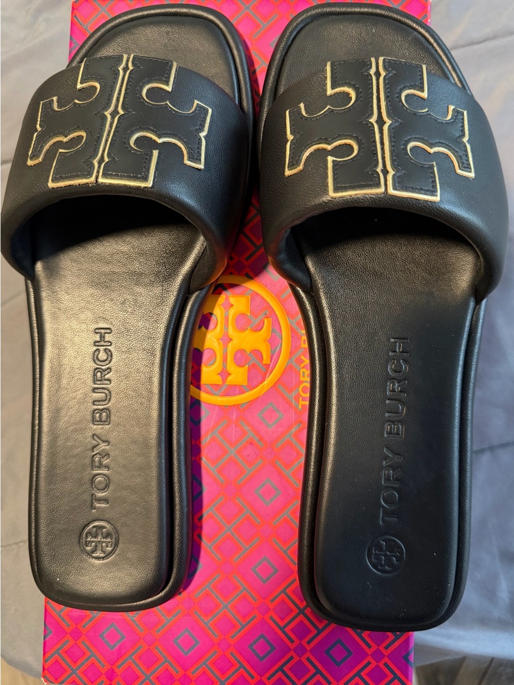 Tory Burch Black Slide Sandals with Gold Logo Trim